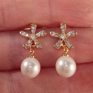 18K Yellow Gold Filled Star Flower Diamond Zircon Pearl Dangle Stud Earrings